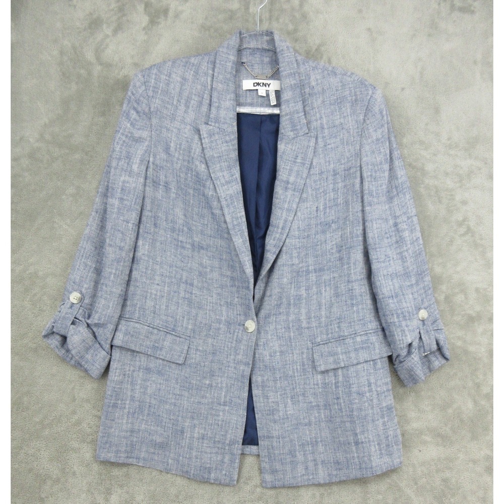 DKNY Blazer Womens Size 12 Linen Blend Herringbone Office Career Nautical Blue